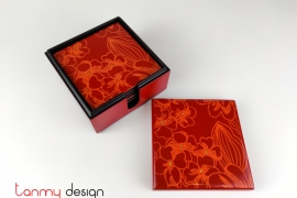 Set of 6 red hand-painted flower coasters with box 